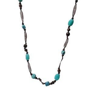 Boho Beaded Ribbon Necklace Blue Brown Beads Southwest Fashion Jewelry Women